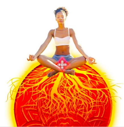 photo collage of a meditating woman sitting on a red sphere with roots sprouting from her root chakra
