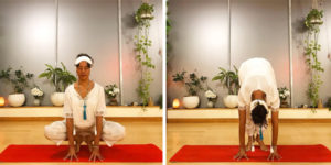 Charisma Whitefeather of Siesta Yoga in Los Angeles demonstrating the Kundalini Yoga posture Frog Pose